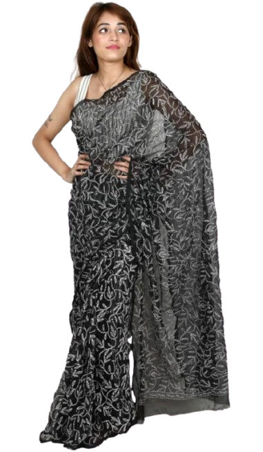 Rudraaksha Georgette Chikankari Saree - Hand-Embroidered Tepchi Work with Blouse