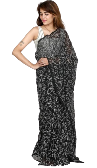 Rudraaksha Georgette Chikankari Saree - Hand-Embroidered Tepchi Work with Blouse