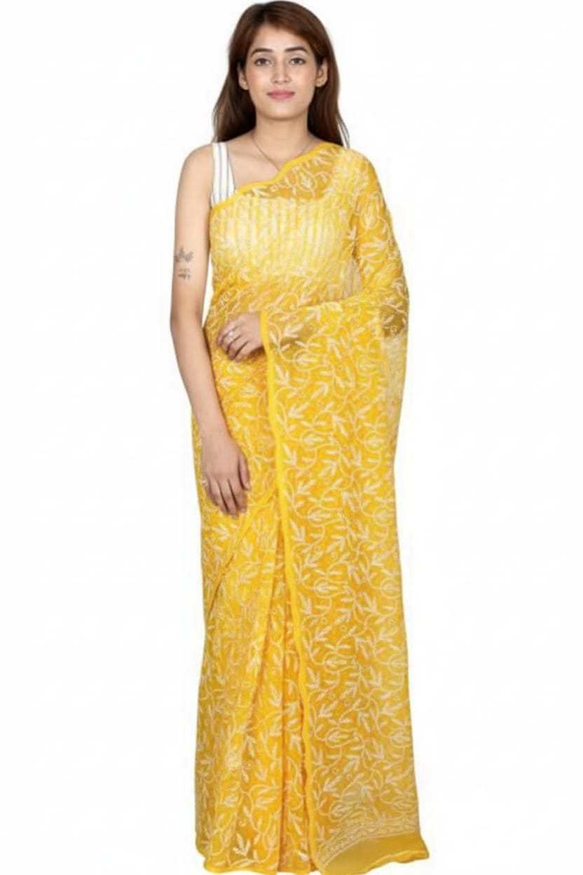 Rudraaksha Georgette Chikankari Saree - Hand-Embroidered Tepchi Work with Blouse