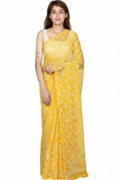Rudraaksha Georgette Chikankari Saree - Hand-Embroidered Tepchi Work with Blouse