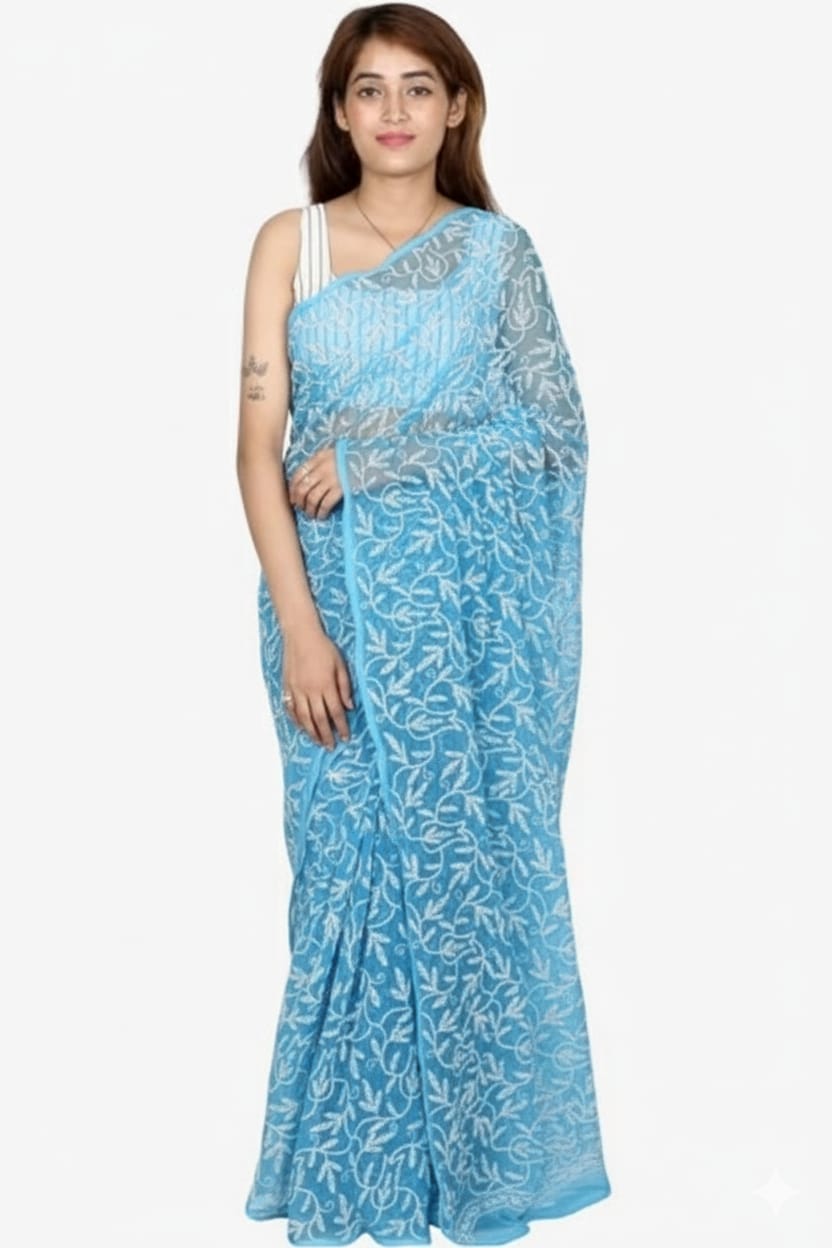 Rudraaksha Georgette Chikankari Saree - Hand-Embroidered Tepchi Work with Blouse