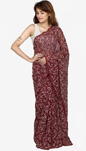 Rudraaksha Georgette Chikankari Saree - Hand-Embroidered Tepchi Work with Blouse