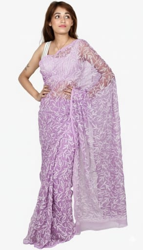 Rudraaksha Georgette Chikankari Saree - Hand-Embroidered Tepchi Work with Blouse
