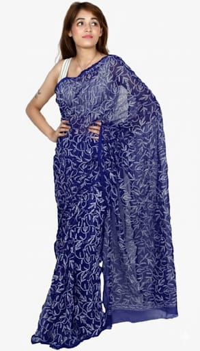 Rudraaksha Georgette Chikankari Saree - Hand-Embroidered Tepchi Work with Blouse