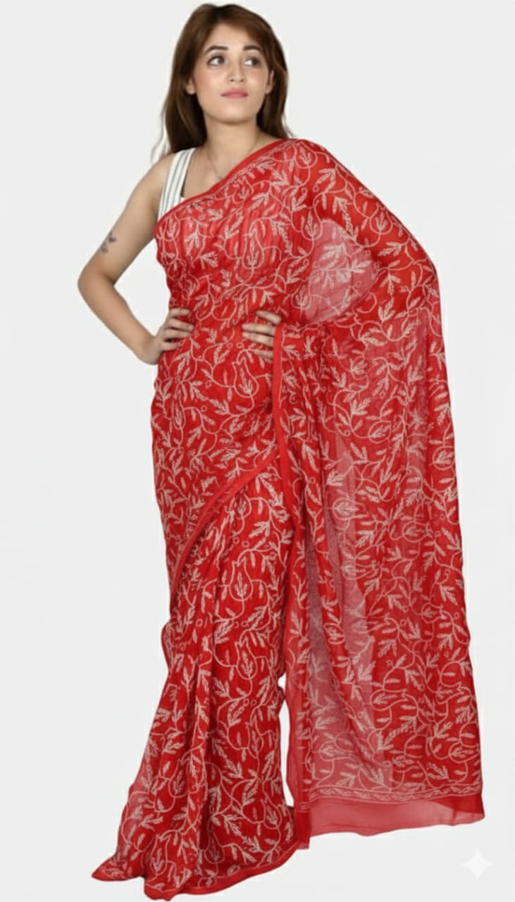 Rudraaksha Georgette Chikankari Saree - Hand-Embroidered Tepchi Work with Blouse