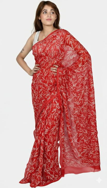 Rudraaksha Georgette Chikankari Saree - Hand-Embroidered Tepchi Work with Blouse