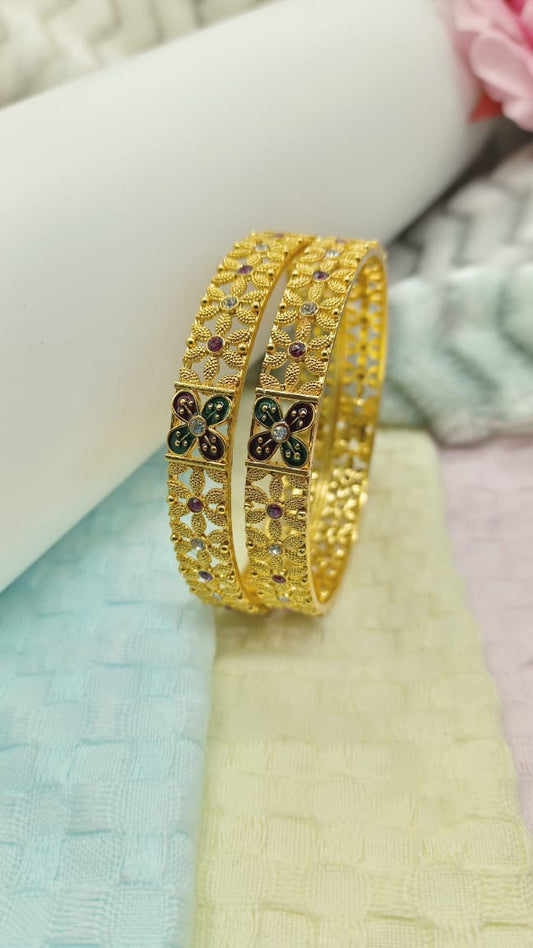 Rudraaksha Gold-Plated Meenakari Bangle Set with Red and Green MeenakariB03