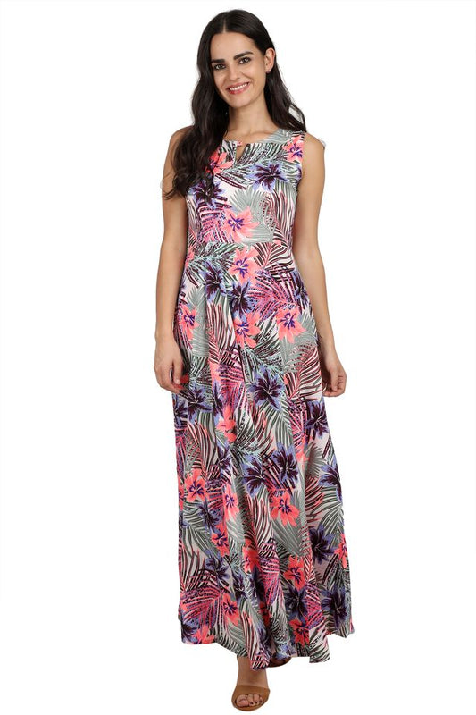 Rudraaksha Women’s Tropical Floral Printed Crepe Maxi Dress | Sleeveless Summer Long Dress RUDRAAKSHA