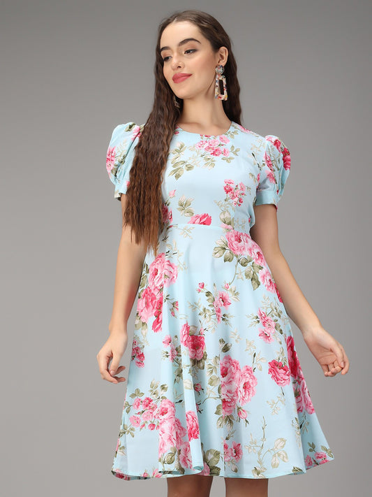 Rudraaksha women printed Aqua Blue stylish Dress