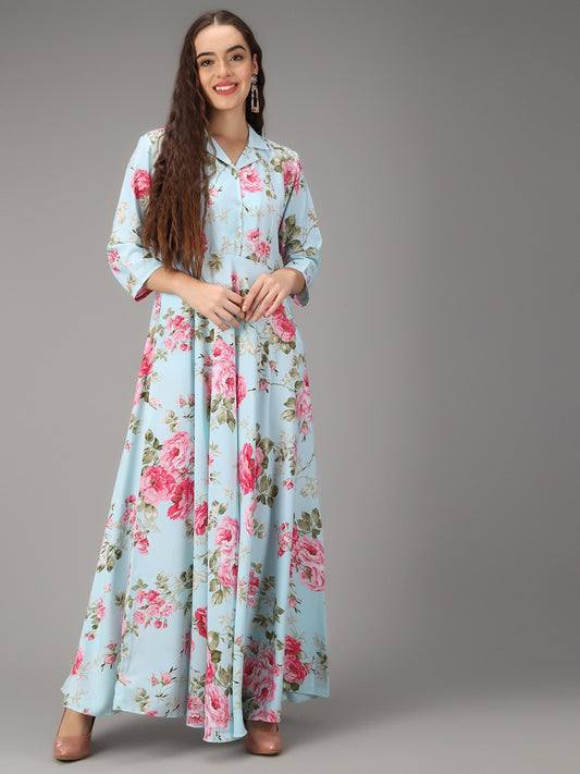 Printed Aqua Blue Stylish Maxi Dress
