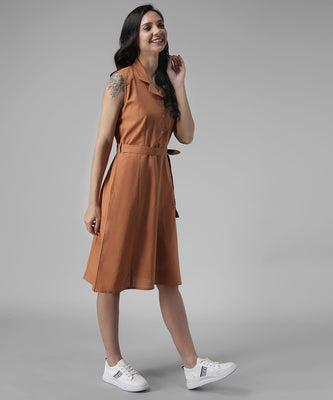 Women's Belted A-Line Dress with Classic Collar