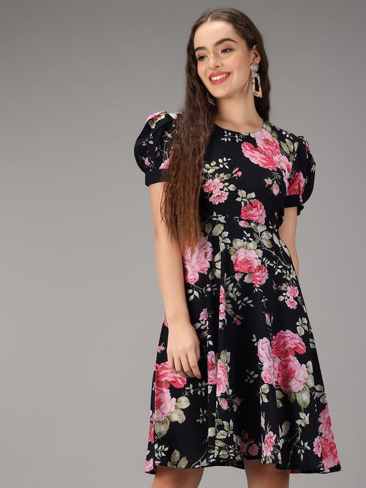 Printed Black Stylish Short Dress