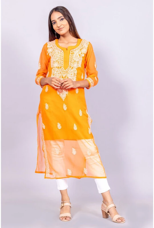 Rudraaksha Orange Georgette Chikankari Handmade Kurti for Women | Straight Fit Ethnic Kurta RUDRAAKSHA