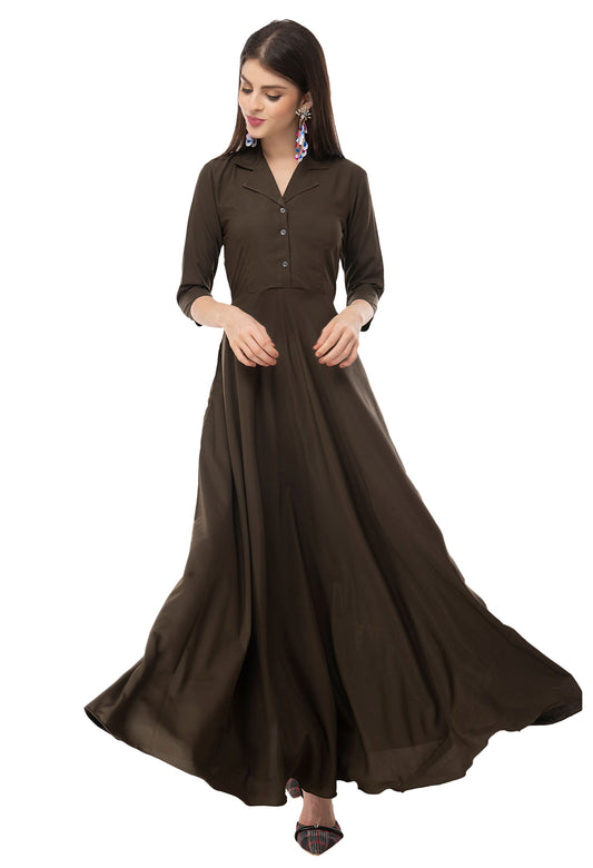 Rudraaksha women's solid crepe fit and flary  maxi dress