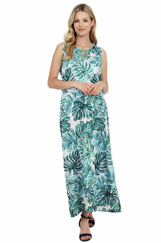 Rudraaksha Women’s Floral Leaf Printed Crepe Maxi Dress | Sleeveless Long Dress for Summer, Casual & Daily Wear RUDRAAKSHA
