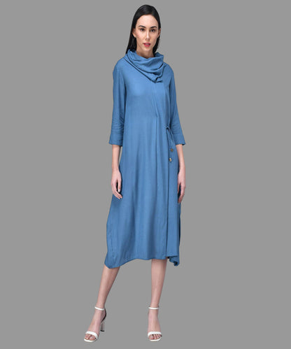 Light Blue Cowl Neck Midi Dress with Tie-Up Belt RUDRAAKSHA