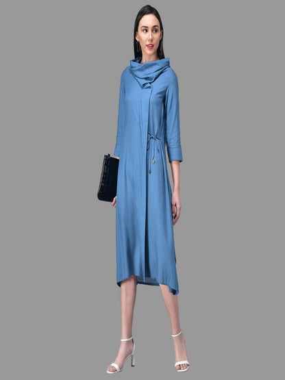Light Blue Cowl Neck Midi Dress with Tie-Up Belt RUDRAAKSHA