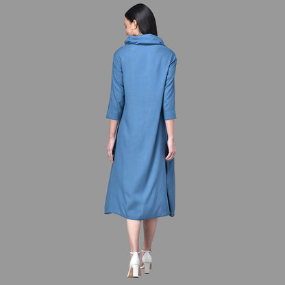 Light Blue Cowl Neck Midi Dress with Tie-Up Belt RUDRAAKSHA