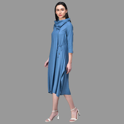 Light Blue Cowl Neck Midi Dress with Tie-Up Belt RUDRAAKSHA