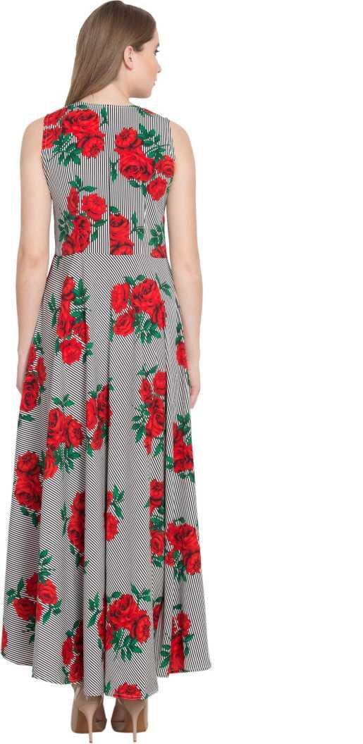 Women’s Floral Printed Grey Maxi Dress | Sleeveless Long Dress for Summer, Casual, Party & Daily Wear RUDRAAKSHA