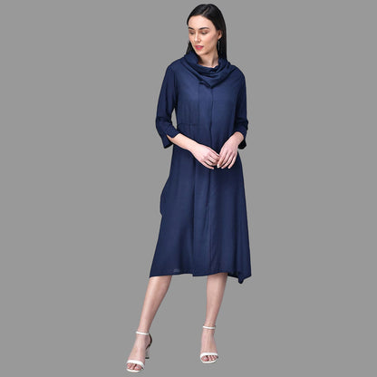 Light Blue Cowl Neck Midi Dress with Tie-Up Belt RUDRAAKSHA