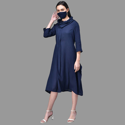 Light Blue Cowl Neck Midi Dress with Tie-Up Belt RUDRAAKSHA