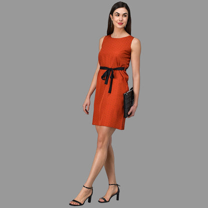 Peach Polka Dot Mini Dress with Black Tie-Up Belt RUDRAAKSHA
