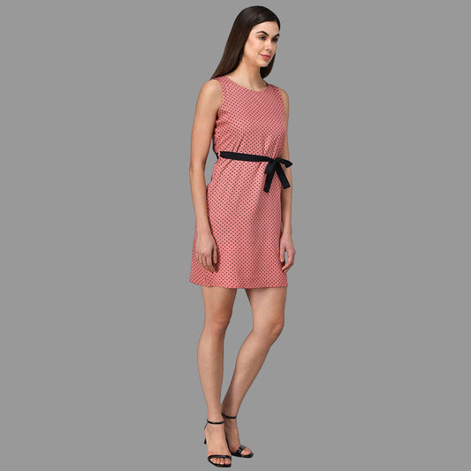 Peach Polka Dot Mini Dress with Black Tie-Up Belt