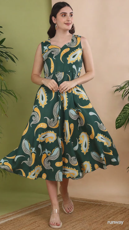 Green Paisley Print Sleeveless Midi Dress – Elegant A-Line Summer Dress for Women