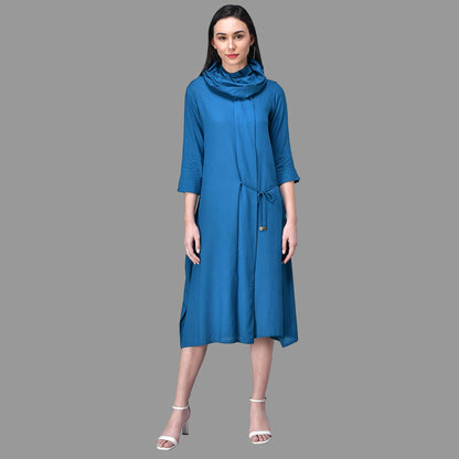 Light Blue Cowl Neck Midi Dress with Tie-Up Belt RUDRAAKSHA