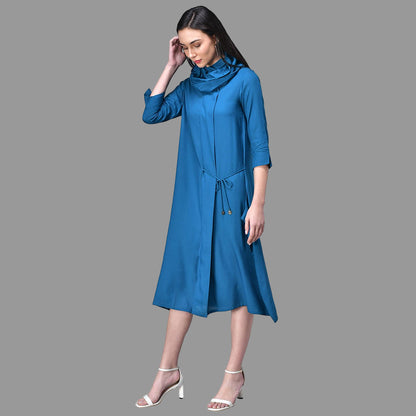 Light Blue Cowl Neck Midi Dress with Tie-Up Belt RUDRAAKSHA