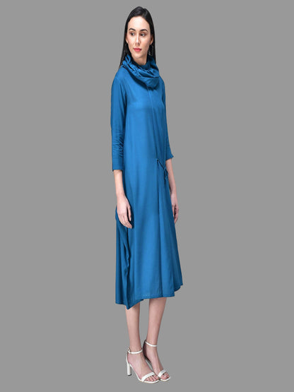 Light Blue Cowl Neck Midi Dress with Tie-Up Belt RUDRAAKSHA