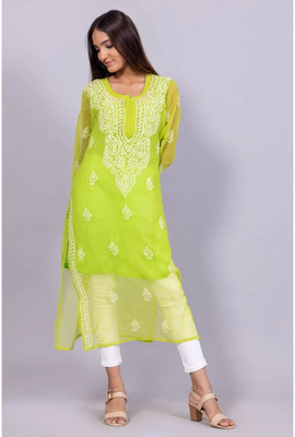 Chikankari Green Georgette Handmade Kurti for Women | Elegant Lucknowi Kurta