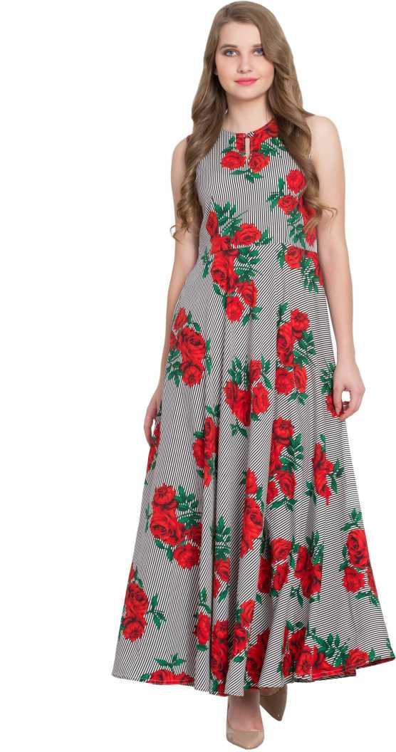 Women’s Floral Printed Grey Maxi Dress | Sleeveless Long Dress for Summer, Casual, Party & Daily Wear RUDRAAKSHA