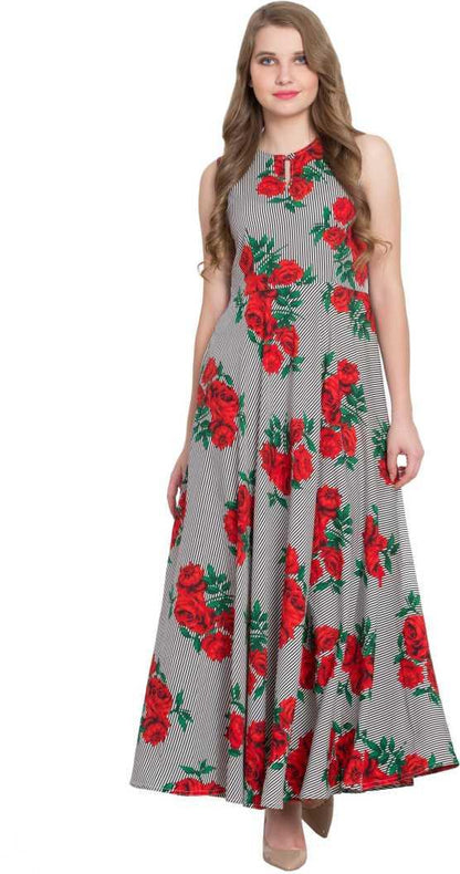 Women’s Floral Printed Grey Maxi Dress | Sleeveless Long Dress for Summer, Casual, Party & Daily Wear RUDRAAKSHA