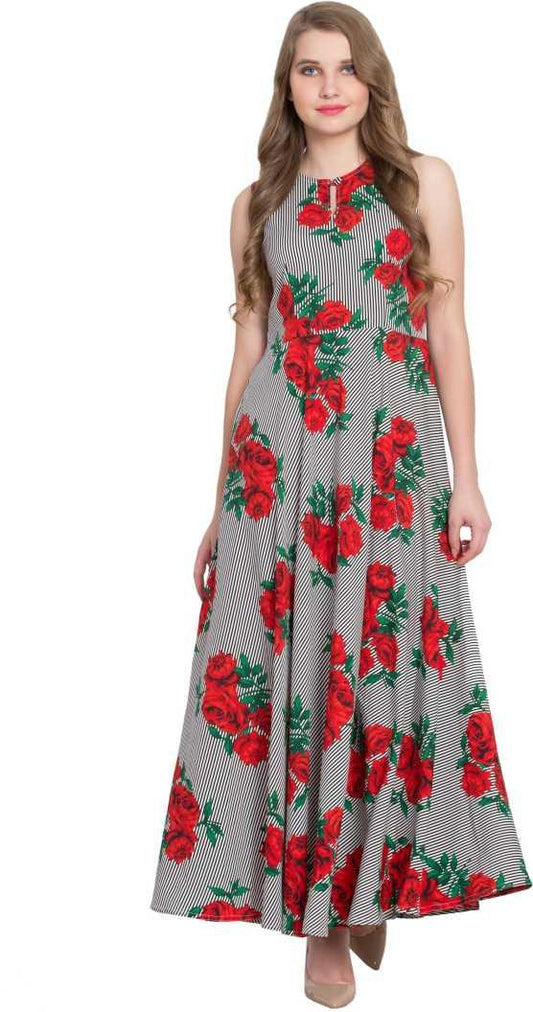 Women’s Floral Printed Grey Maxi Dress | Sleeveless Long Dress for Summer, Casual, Party & Daily Wear RUDRAAKSHA