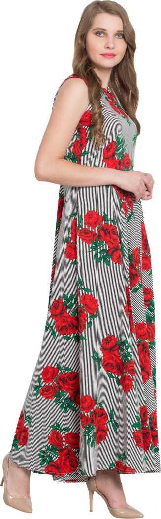 Women’s Floral Printed Grey Maxi Dress | Sleeveless Long Dress for Summer, Casual, Party & Daily Wear RUDRAAKSHA