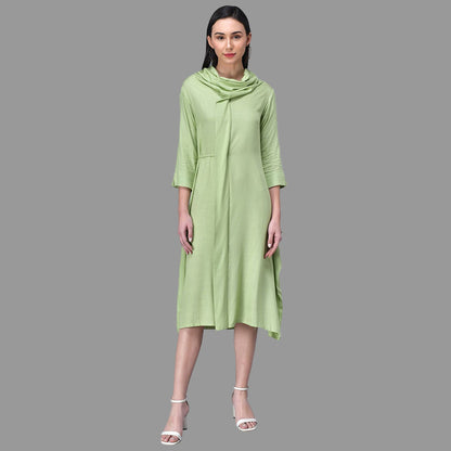 Light Blue Cowl Neck Midi Dress with Tie-Up Belt RUDRAAKSHA