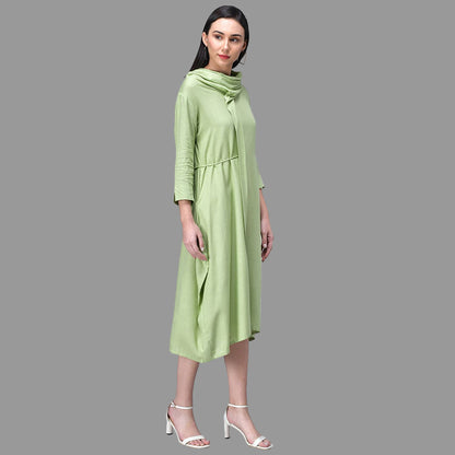 Light Blue Cowl Neck Midi Dress with Tie-Up Belt RUDRAAKSHA