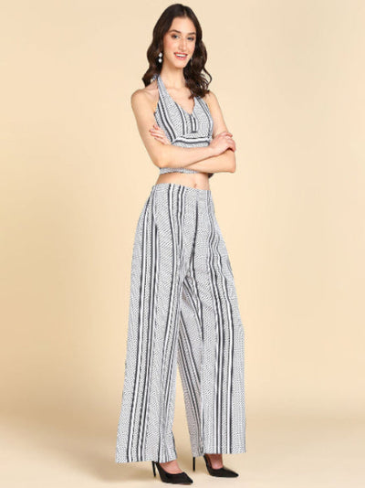Stylish Black and White Printed Halter Neck Crop Top and Palazzo Set