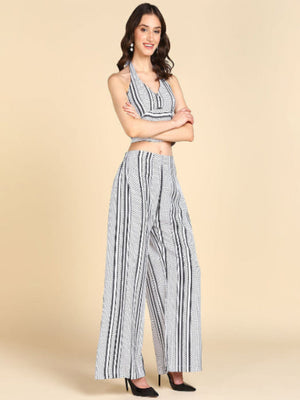 Stylish Black and White Printed Halter Neck Crop Top and Palazzo Set